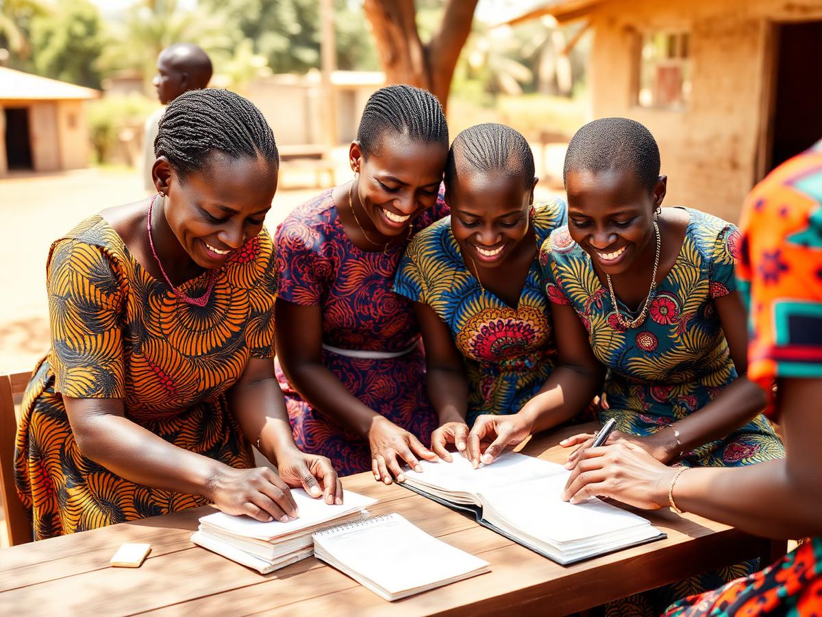 Chama members recording contributions in a ledger